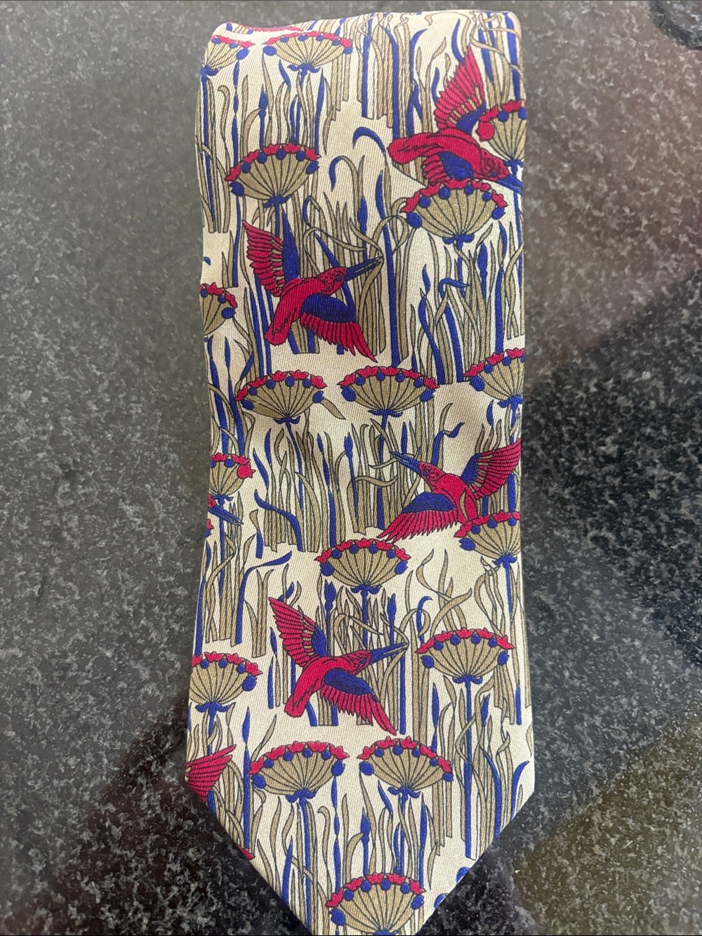 Hugo Boss - Light Silk Tie Bird Pattern Cream with Red & Blue Accents